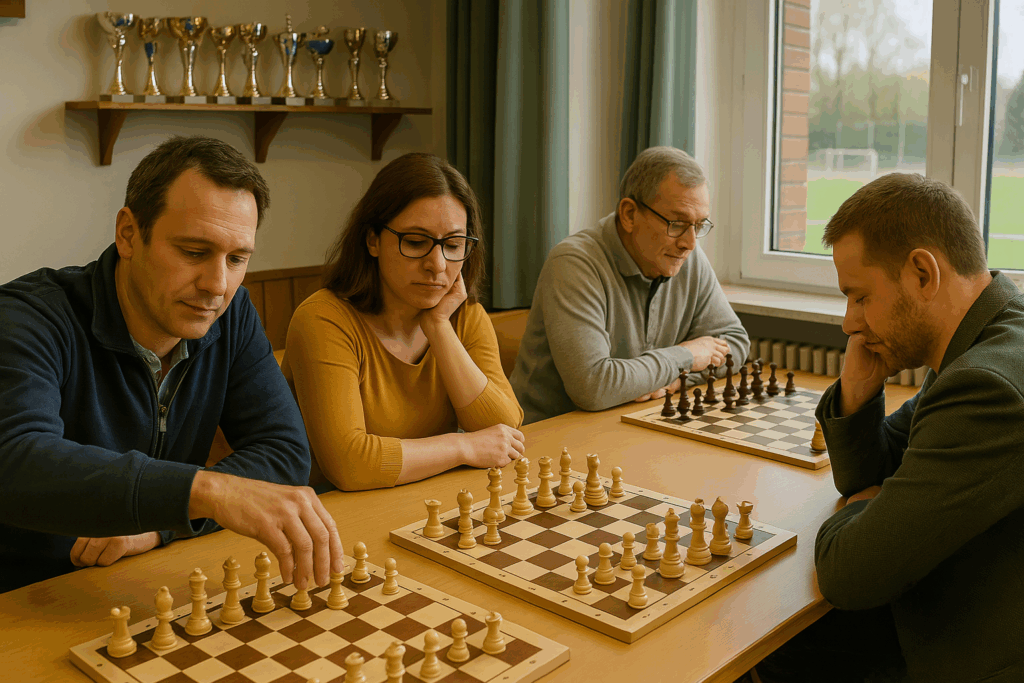 Nette Leute spielen Schach - im Clubraum.